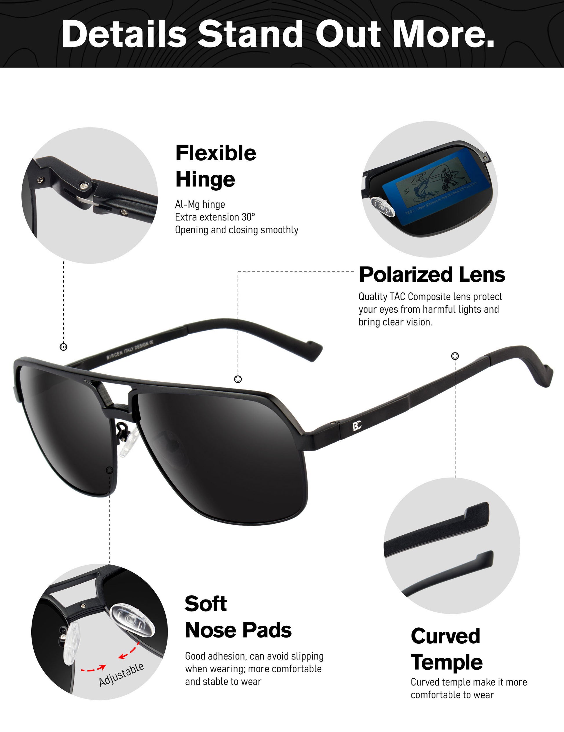 BIRCEN Polarized Sunglasses for Men - UV Protection Metal Square Trendy Shades with Classic Retro Style BC8040