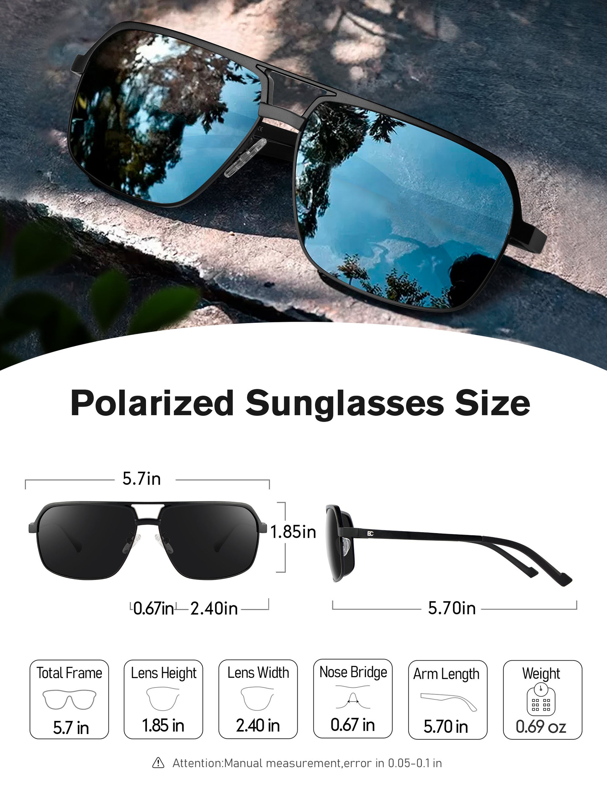 BIRCEN Polarized Sunglasses for Men - UV Protection Metal Square Trendy Shades with Classic Retro Style BC8040