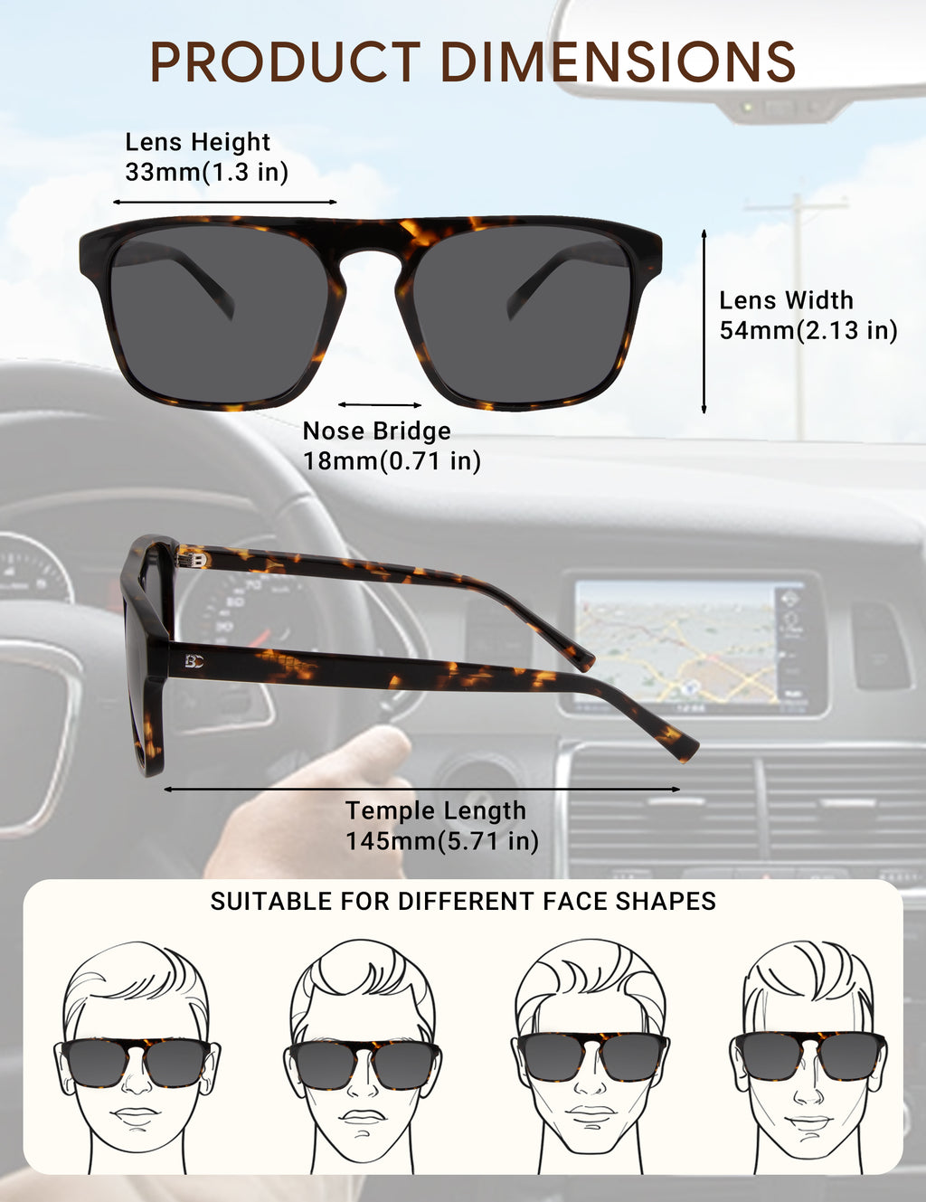 BIRCEN Mens Acetate Polarized Sunglasses: Retro Square Sun Glasses UV400 Protection Anti-Glare Shades for Driving Travel BC1775