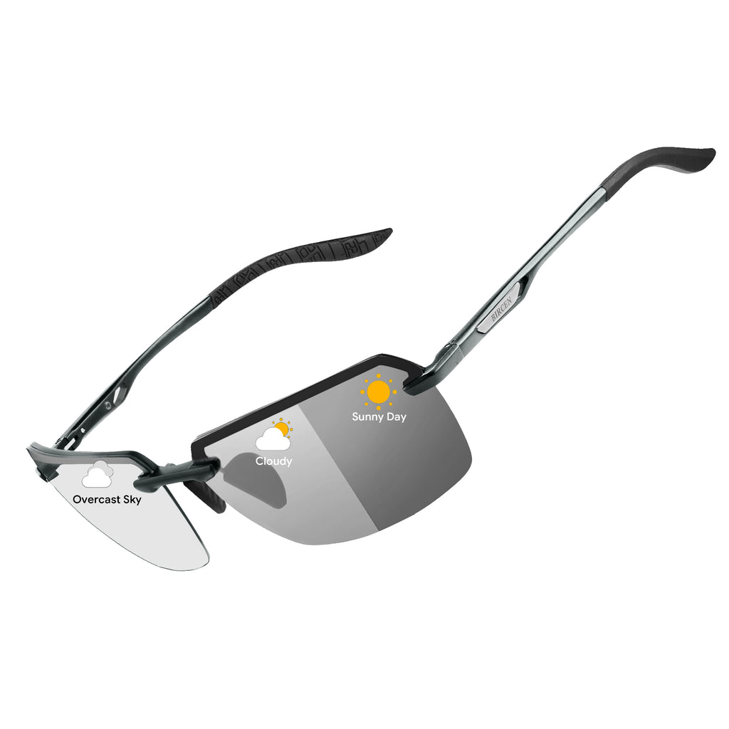 BIRCEN Mens Metal Photochromic Sunglasses: UV Protection Al-Mg Sun Glasses Ultra-light Rimless Shades for Driving Cycling