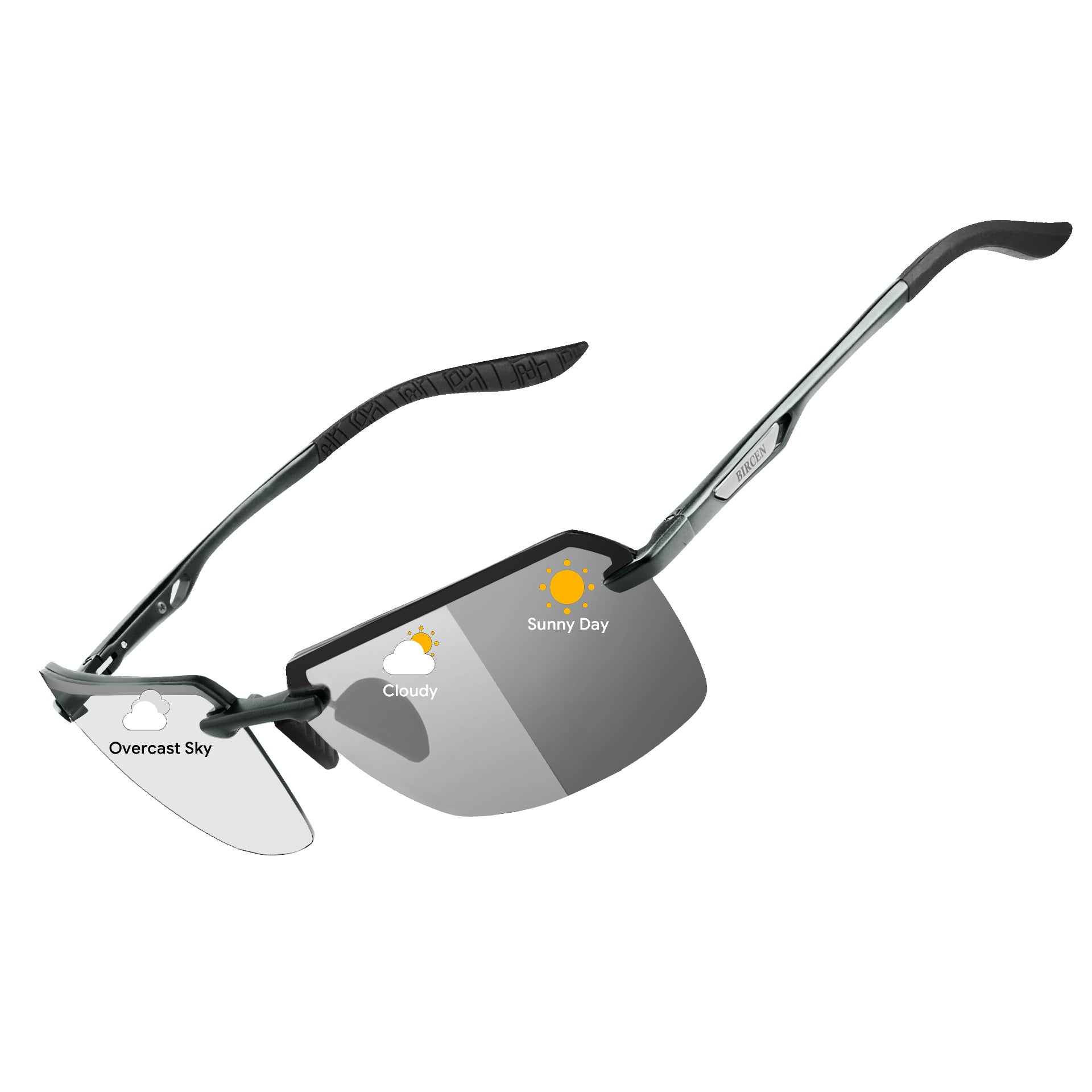 BIRCEN Mens Metal Photochromic Sunglasses: UV Protection Al-Mg Sun Glasses Ultra-light Rimless Shades for Driving Cycling