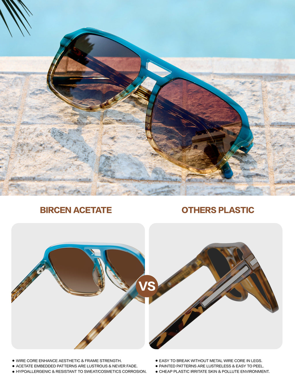 BIRCEN Women Polarized Acetate Sunglasses: Fashion Square Aviator Shades BC2007