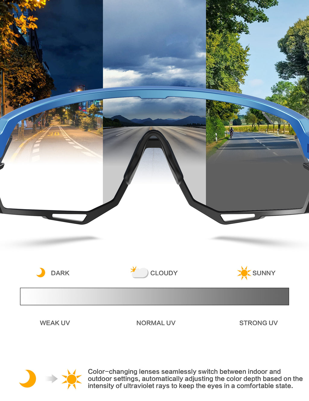 BIRCEN Photochromic Cycling Glasses: Mountain Bike Sports Sunglasses for Men Women Running Riding MTB Baseball BC2114B