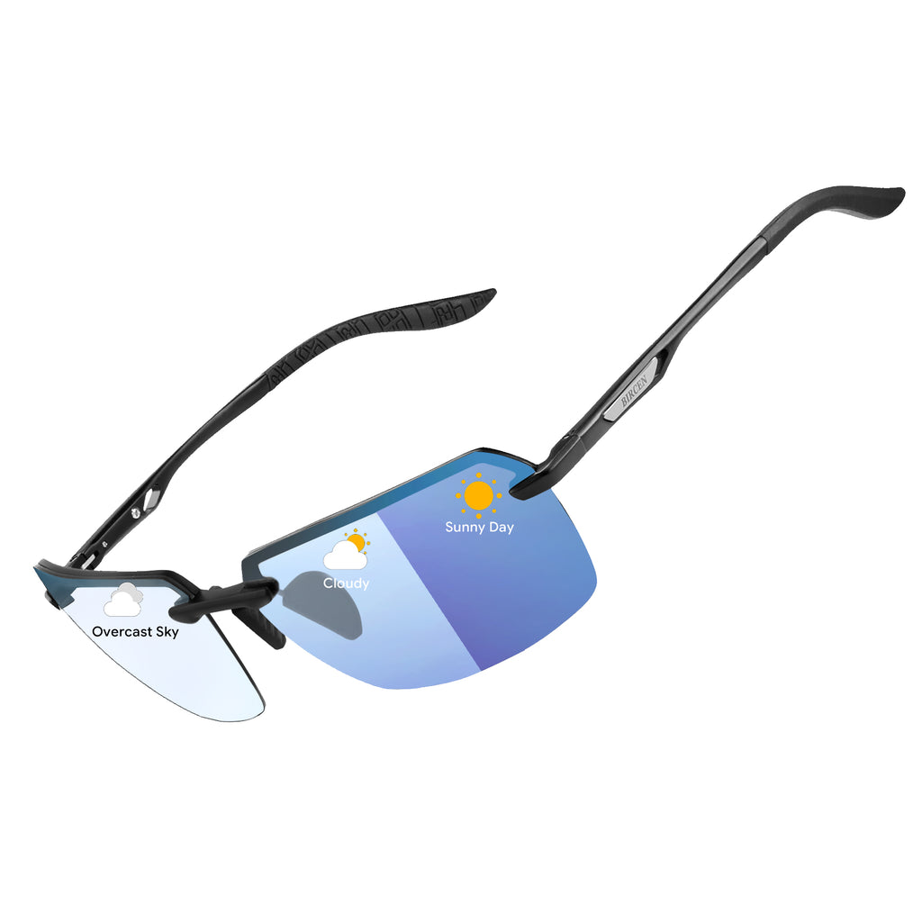 BIRCEN Mens Metal Photochromic Sunglasses: UV Protection Al-Mg Sun Glasses Ultra-light Rimless Shades for Driving Cycling