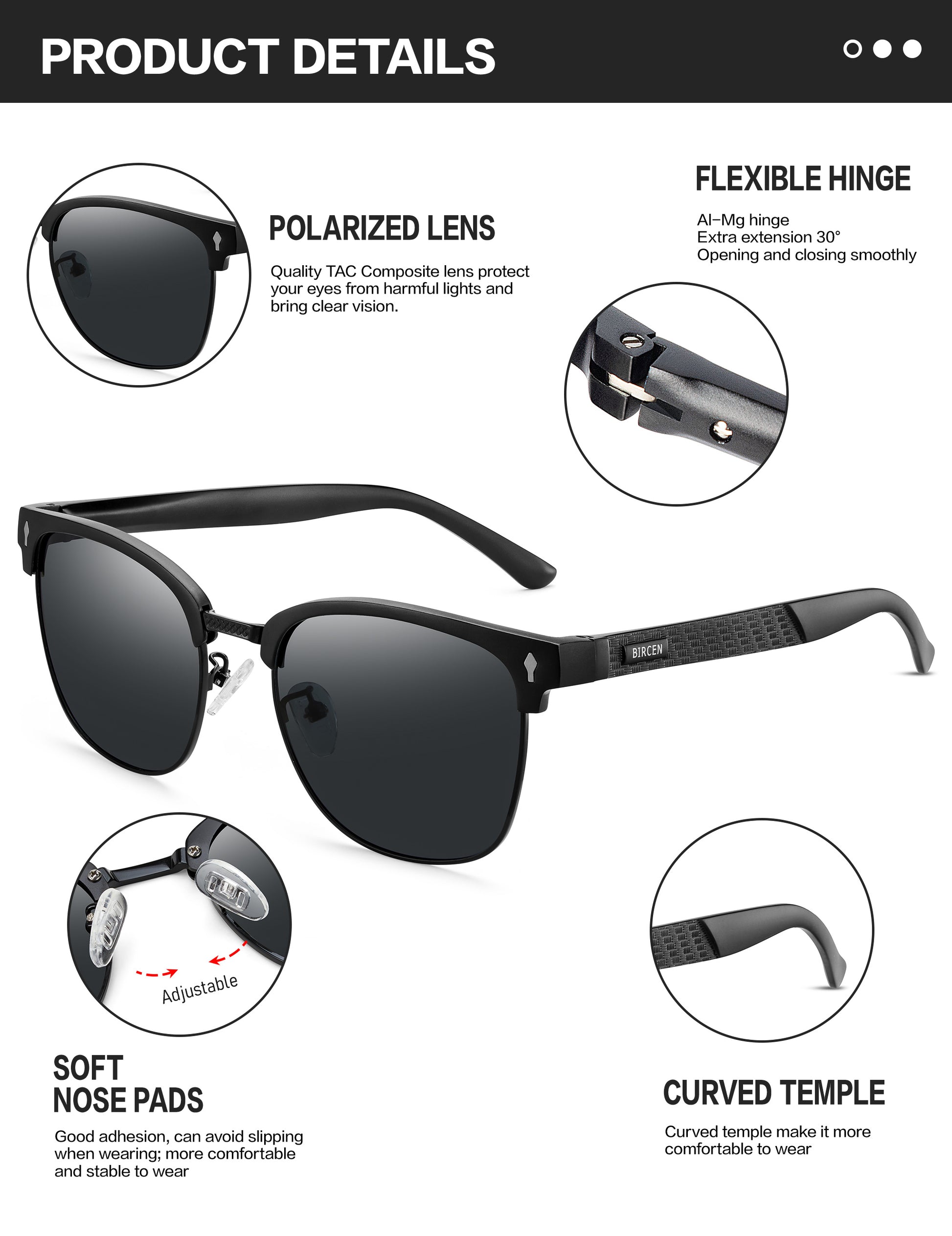 BIRCEN Polarized Sunglasses for Men UV - Protection Classic Shades for Driving Sports Fishing with Al-Mg Metal Frame