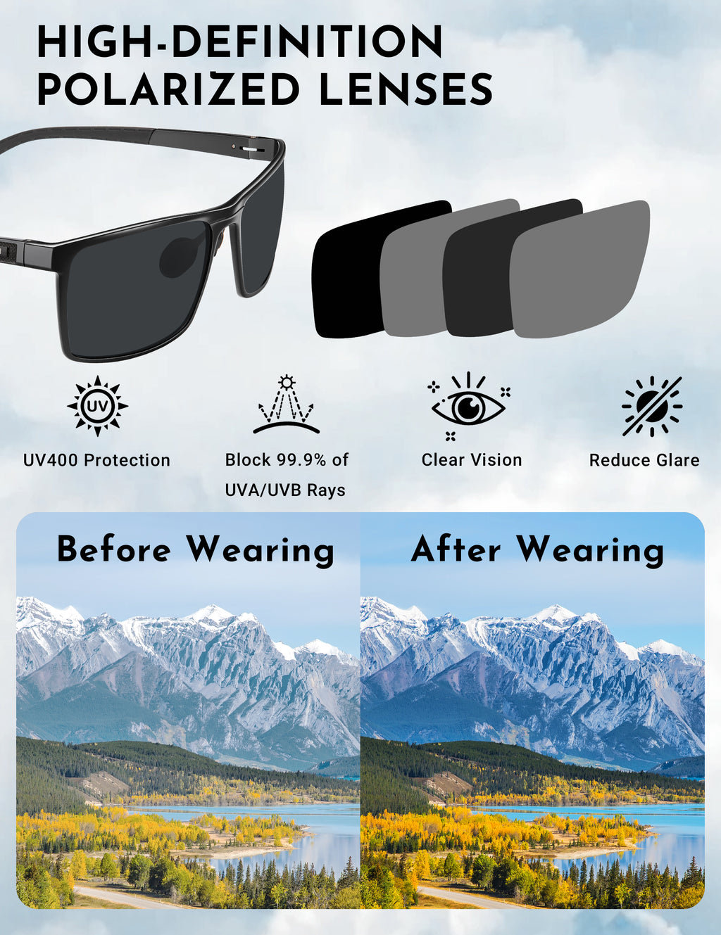 BIRCEN Mens Polarized Sunglasses for Driving: UV Protection Anti Glare Sun Glasses Lightweight Metal Shade for Travel Fishing BC8809