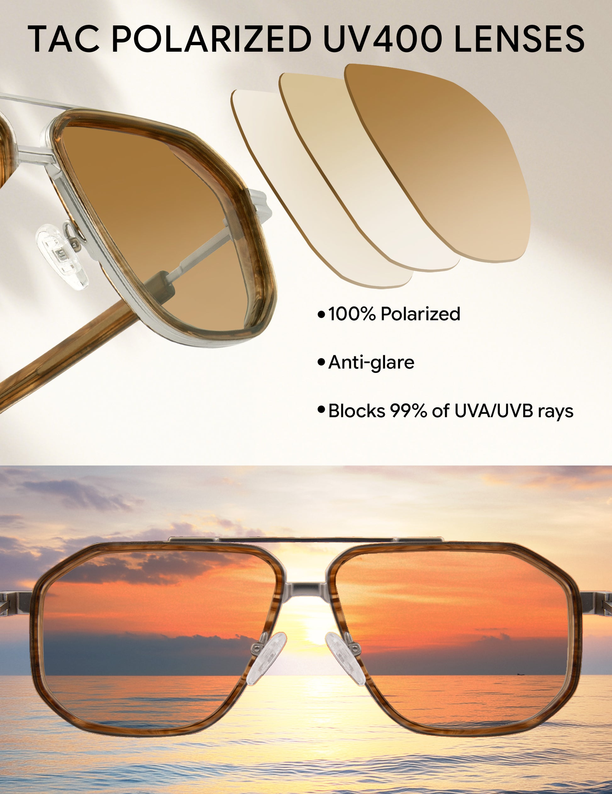 BIRCEN Men's Polarized Aviator Sunglasses: Acetate Luxury Trendy Sun Glasses Anti-Glare UV Protection for Driving & Travel BC8812