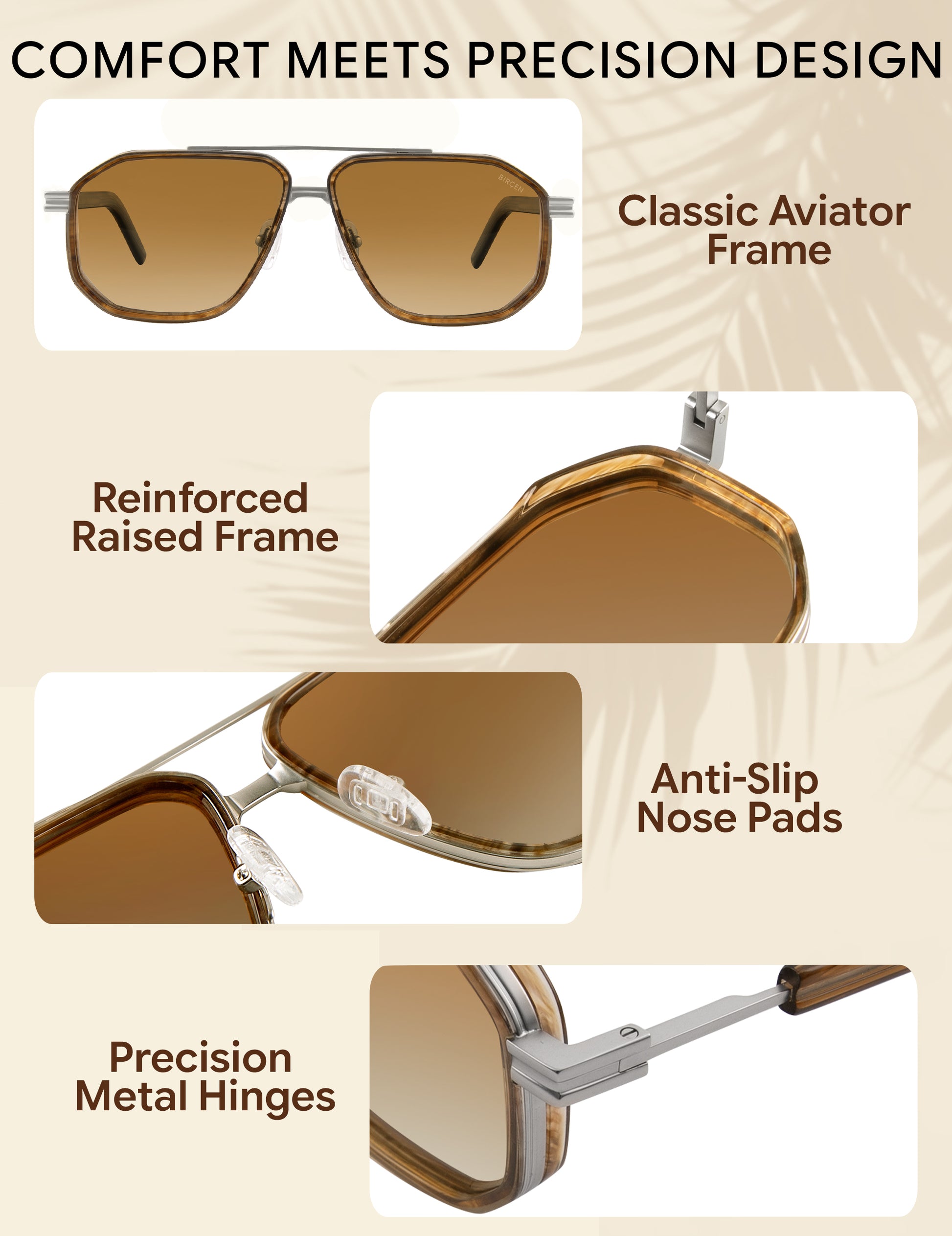 BIRCEN Men's Polarized Aviator Sunglasses: Acetate Luxury Trendy Sun Glasses Anti-Glare UV Protection for Driving & Travel BC8812