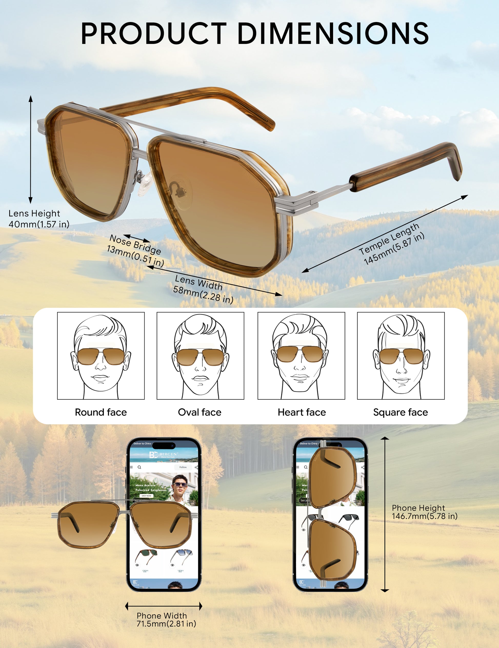 BIRCEN Men's Polarized Aviator Sunglasses: Acetate Luxury Trendy Sun Glasses Anti-Glare UV Protection for Driving & Travel BC8812