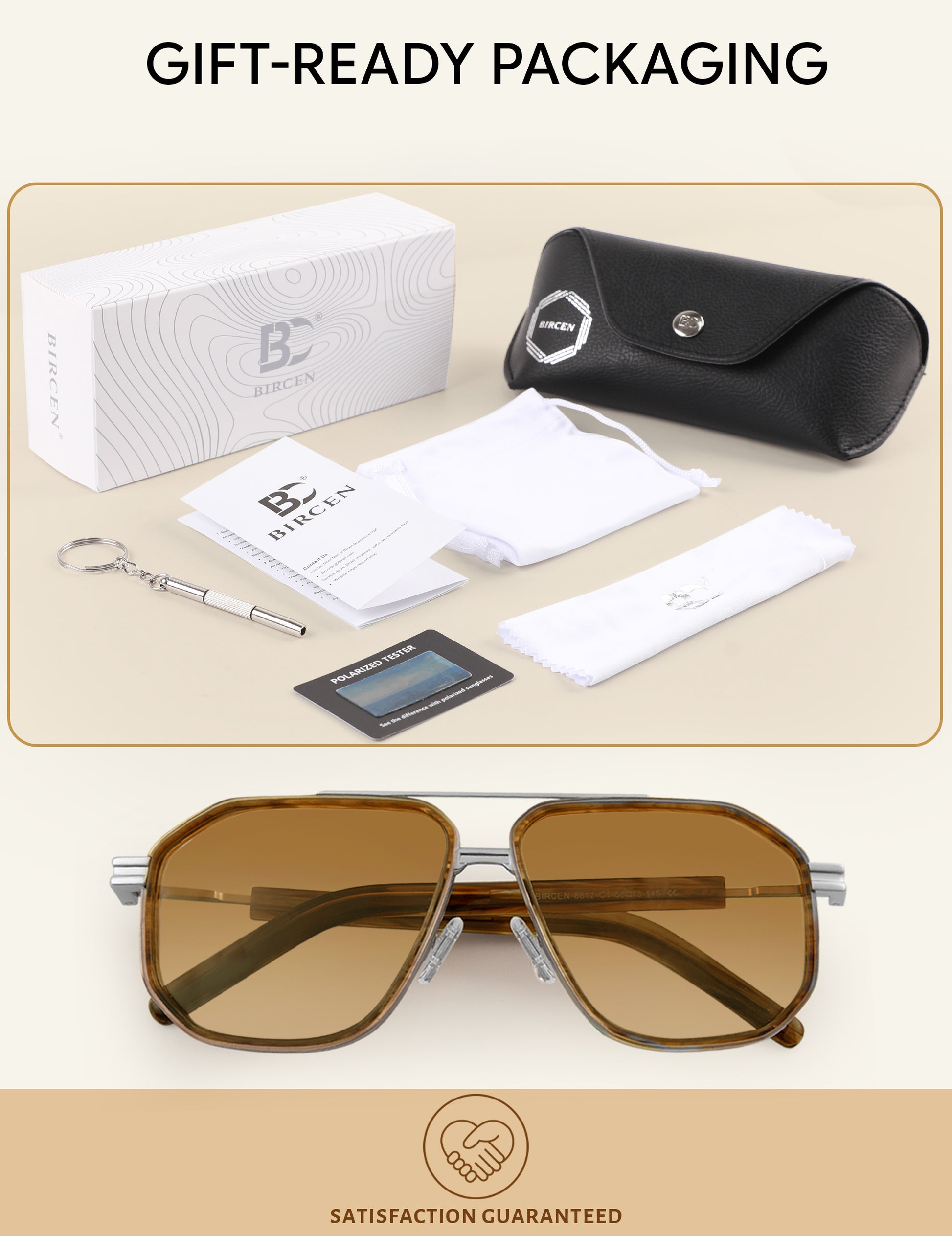 BIRCEN Men's Polarized Aviator Sunglasses: Acetate Luxury Trendy Sun Glasses Anti-Glare UV Protection for Driving & Travel BC8812