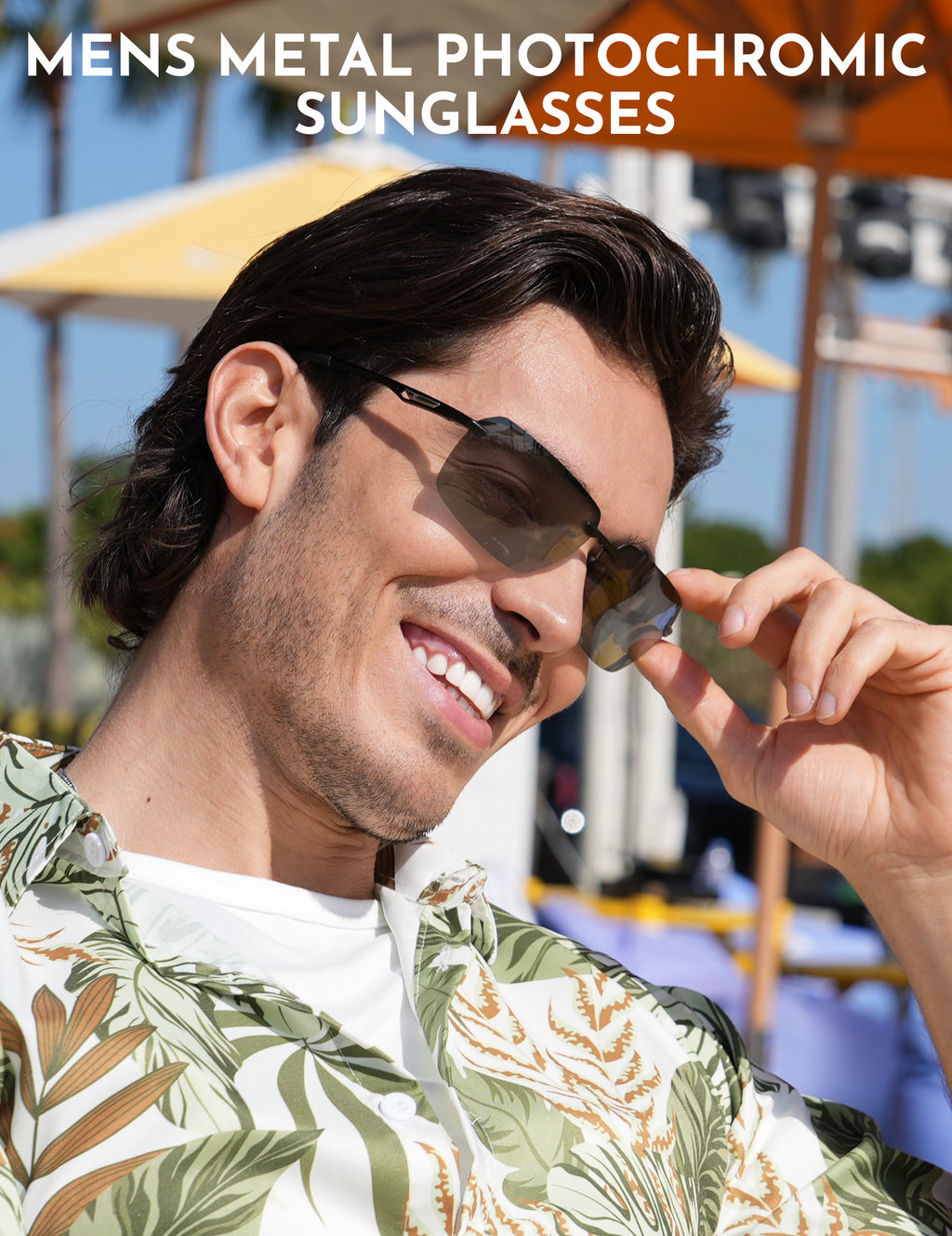 BIRCEN Mens Metal Photochromic Sunglasses: UV Protection Al-Mg Sun Glasses Ultra-light Rimless Shades for Driving Cycling BC8805B