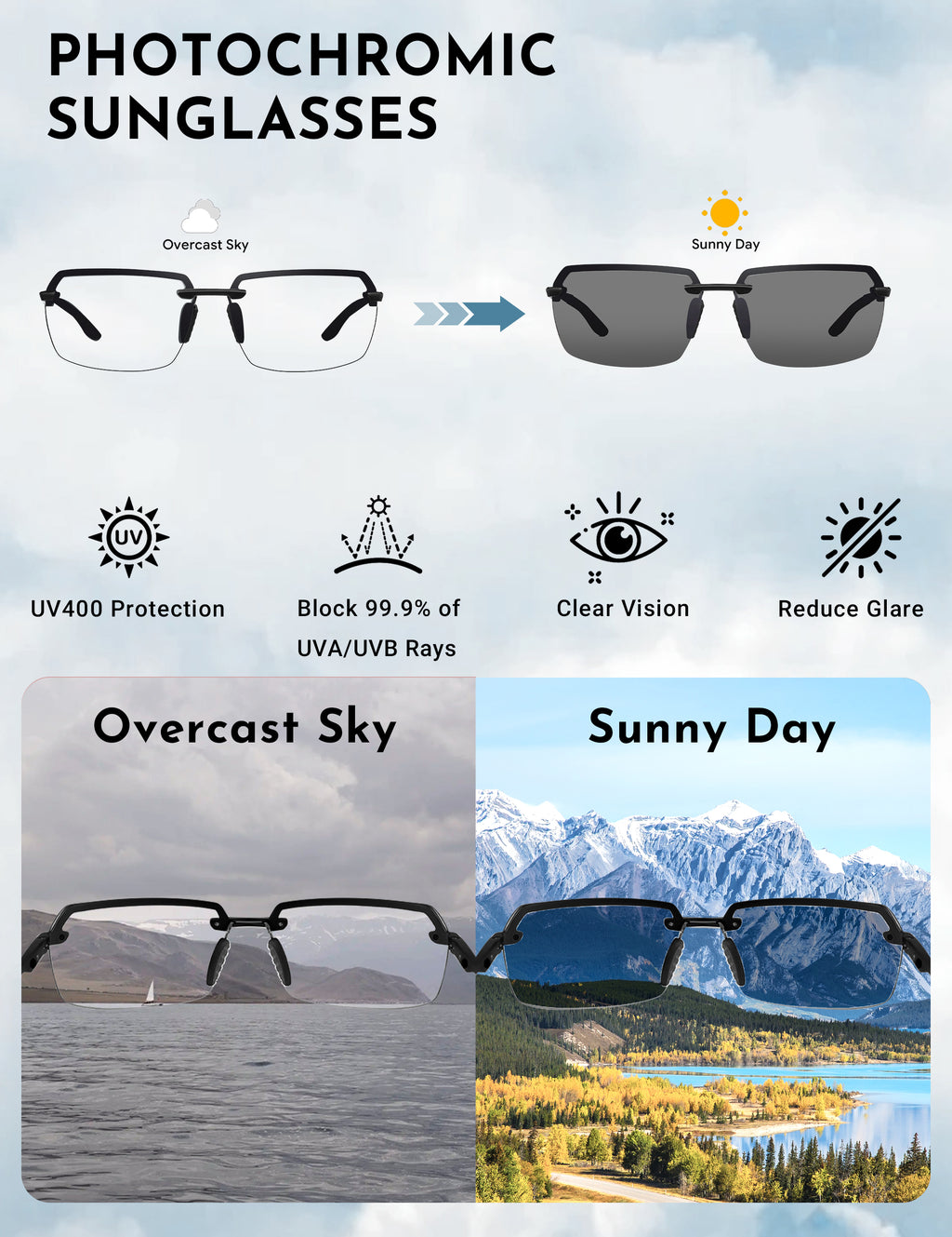 BIRCEN Mens Metal Photochromic Sunglasses: UV Protection Al-Mg Sun Glasses Ultra-light Rimless Shades for Driving Cycling BC8805B