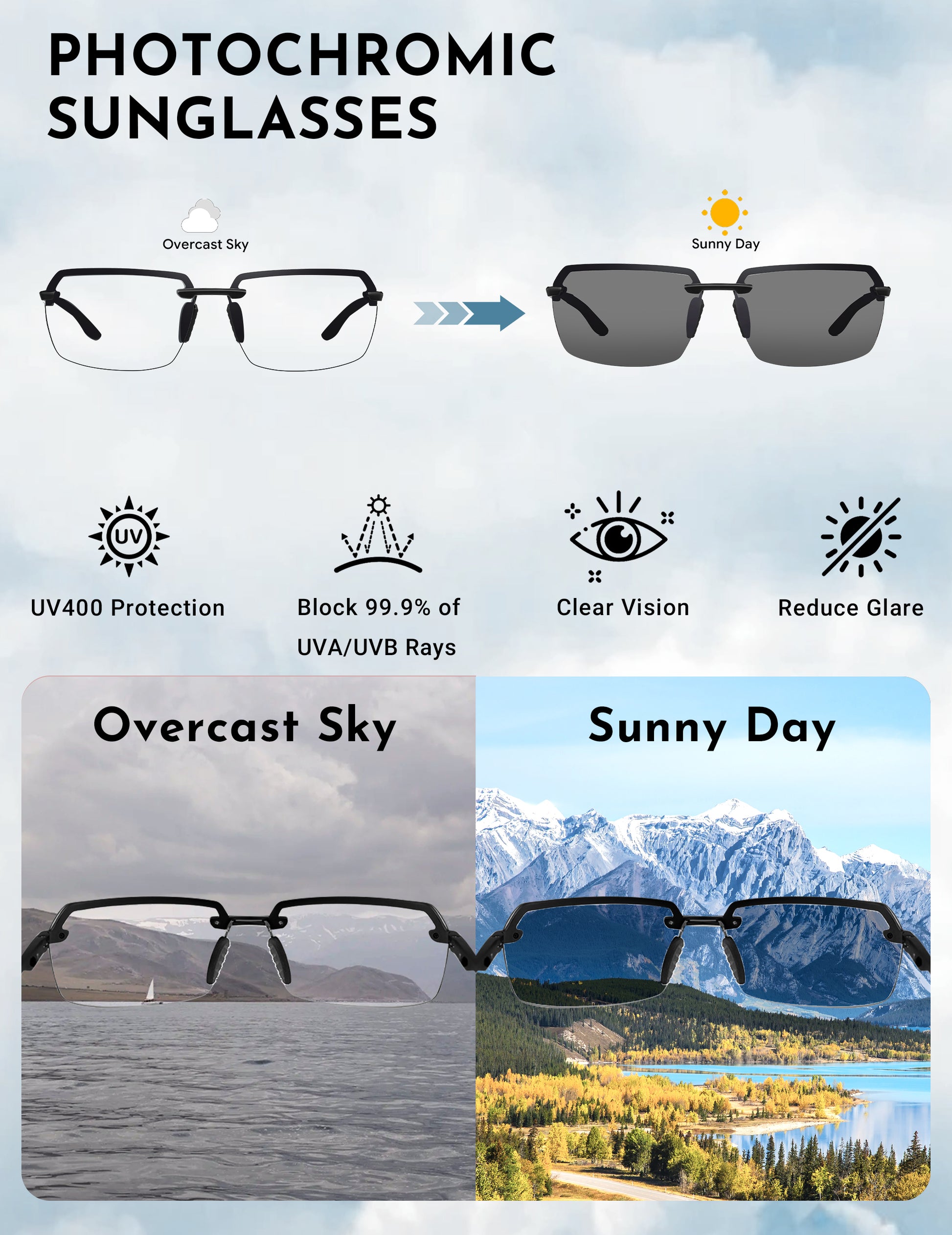 BIRCEN Mens Metal Photochromic Sunglasses: UV Protection Al-Mg Sun Glasses Ultra-light Rimless Shades for Driving Cycling BC8806B