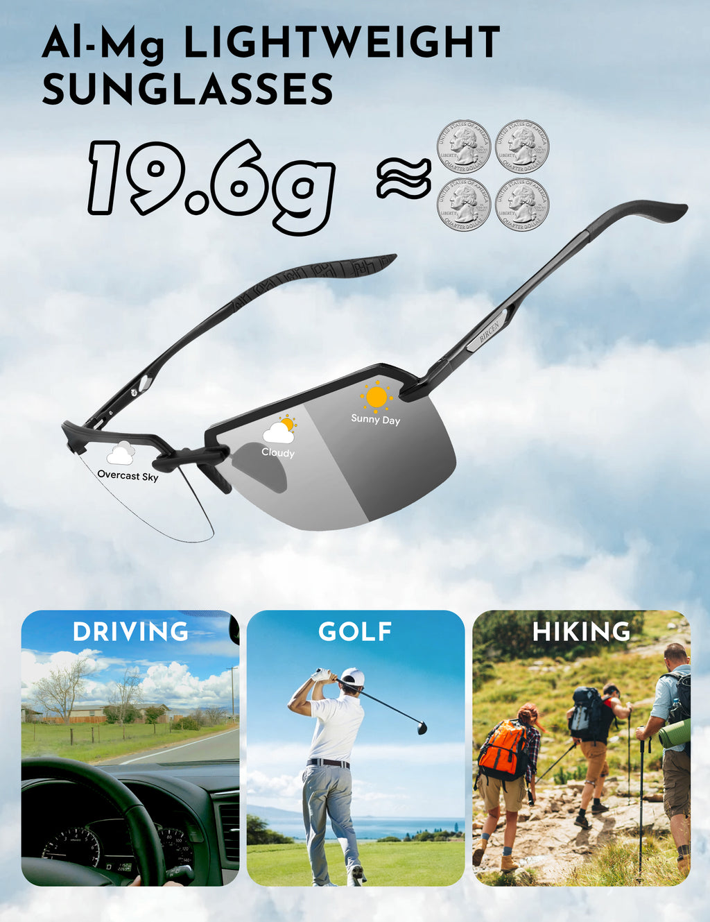 BIRCEN Mens Metal Photochromic Sunglasses: UV Protection Al-Mg Sun Glasses Ultra-light Rimless Shades for Driving Cycling BC8805B