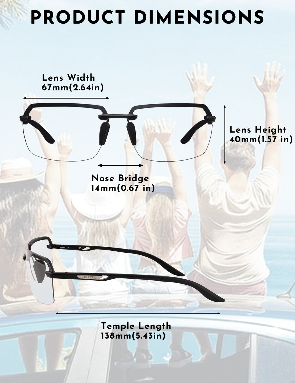 BIRCEN Mens Metal Photochromic Sunglasses: UV Protection Al-Mg Sun Glasses Ultra-light Rimless Shades for Driving Cycling BC8805B
