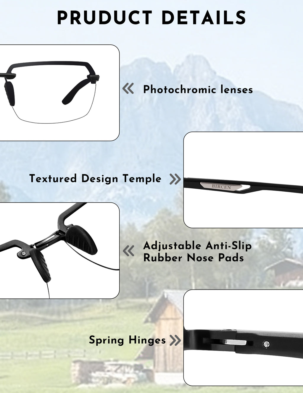 BIRCEN Mens Metal Photochromic Sunglasses: UV Protection Al-Mg Sun Glasses Ultra-light Rimless Shades for Driving Cycling BC8805B