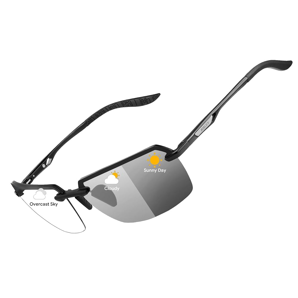BIRCEN Mens Metal Photochromic Sunglasses: UV Protection Al-Mg Sun Glasses Ultra-light Rimless Shades for Driving Cycling BC8805B
