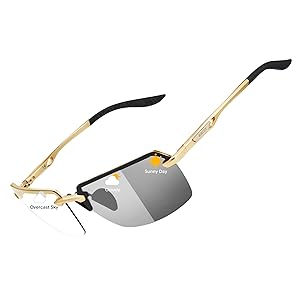 BIRCEN Mens Metal Photochromic Sunglasses: UV Protection Al-Mg Sun Glasses Ultra-light Rimless Shades for Driving Cycling BC8805B